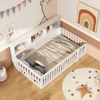 OKWISH Daybed 90x200cm – Bedbank Met Opbergvakken En Lattenbodem – Veiligheidsrand Met Openklapbaar Deel – Voor Kinderkamer – Grenenhout En MDF – Zonder Matras – Wit