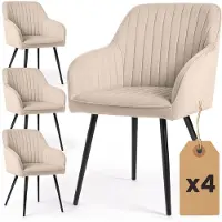 Akord Set van 4 Eetkamerstoelen FLORENCE met Armleuningen / Gestoffeerde Stoelen / Fluwelen Stoelen en Metalen Poten / Beige met zwarte benen