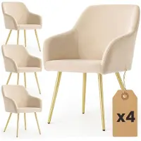 Akord Set van 4 Eetkamerstoelen ESTELLE met Armleuningen / Gestoffeerde Stoelen / Fluwelen Stoelen en Metalen Poten / Beige met gouden benen