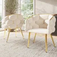 OKWISH Eetkamerstoel 44 X 41 X 74 Cm - Set Van 2 Met Ergonomische Rugleuning - Fluweel En Metalen Poten - Beige