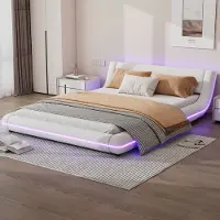 OKWISH Vloerbed 140x200cm – Met Led Sfeerverlichting Met App Bediening – Stabiel Bedframe – Zonder Matras – Pu En Mdf – Wit