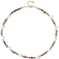 Cavill - 925 Sterling Zilver Verguld - Zilveren Halsketting met 10 Witte Zoetwaterparels, Toermalijn 29,37 ct & Tanzaniet 9 ct