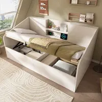 Merax Eenpersoonsbed 90x200 cm - met 2 opbergrekken - met USB/Type-C oplaadstation - wit - zonder matras