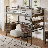OKWISH Hoogslaper 90x200cm – Met Bureau En Opbergrekken – Met Veiligheidshek En Ladder – Metalen Frame Met MDF – Zonder Matras – Zwart
