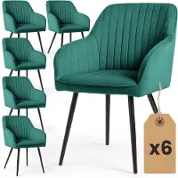 Akord Set van 6 Eetkamerstoelen FLORENCE met Armleuningen / Gestoffeerde Stoelen / Fluwelen Stoelen en Metalen Poten / Flesgroen met zwarte benen
