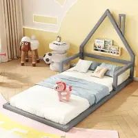OKWISH Kinderbed 90x200cm – Huisvorm Bedframe – Met Lattenbodem – Zonder Opbergruimte – Voor Kinderkamer – Grenenhout En MDF – Grijs