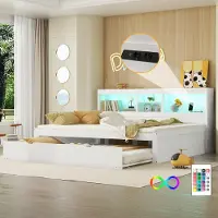 OKWISH Slaapbank 140x200cm – Met Led Sfeerverlichting En Uittrekbed – Met Opbergvak En Stopcontact Met Usb – Zonder Matras – Houtlook – Wit