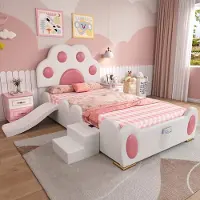 OKWISH Gestoffeerd Bed 90x200cm - Kopstuk Kattenpoot - Met Glijbaan & Ladder - PU Kunstleer - Roze+Wit - Met Opbergzak - Zonder matras