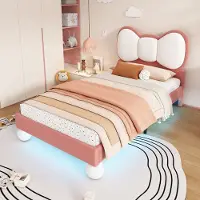 STILVORA Gestoffeerd bed 90x200 cm – Eenpersoonsbed met vlindervormig hoofdeinde – LED-lichtstrip & stevige lattenbodem – Fluweel – Beige+Roze – Zonder matras