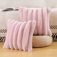 HOUSON Set van 2 pluche, fluweel, decoratieve kussenslopen, wollig, gestreept, zacht kussensloop voor bank, slaapkamer, kussen, schelp, roze, 45 x 45 cm, vierkant