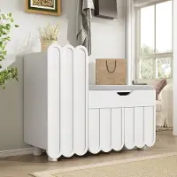 OKWISH Schoenenkast Met Zitbank – Modern Minimalistisch – Ruimtebesparend Voor Hal/Entree – 90x35x74,5 cm – 3 Deuren – 1 Lade – Gestoffeerde Zitkussen Grijs – MDF Wit