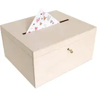 Markenlos Houten kist met deksel, kaartenbox, bruiloft, 29 x 25 x 15 cm, geldgeschenken, houten doos met gleuf, slot en sleutel, cadeaukaarten, box, geldbox, brievenbus, opslagdoos