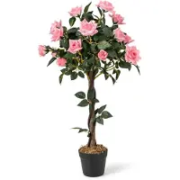 KOMFOTTEU 93 cm Potplant met kunstrozen, realistische bloemenboom met houten stam en cementpot, onderhoudsvrij, voor thuis en op kantoor