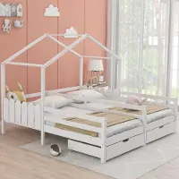 MODFU Massief grenen kinderbed 90x200 cm – Huisjesmodel – 2 MDF-lades op wieltjes – Lattenbodem – Wit