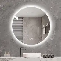 Great han LED-spiegel voor de badkamer, runderleerlook, Ø 70 cm – dimbaar, anti-condens, 3 kleurtemperaturen, wandmontage, bediening via smart touch