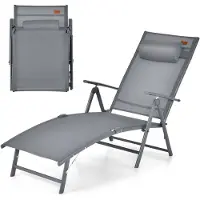 KOMFOTTEU Ligstoel met hoofdsteun, inklapbare ligstoel met rugleuning in 7 standen verstelbaar, belasting 150 kg, ergonomische outdoorstoel met armleuningen, 142 x 61 x 103 cm (grijs)