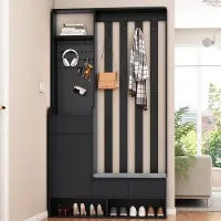 MODFU Kapstok 100x35x180 cm van MDF, vrijstaand met zitbank en prikbord, zwart