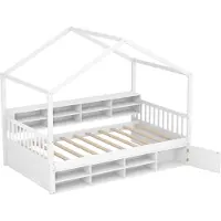 Costway Huisbed 200 x 90 cm, kinderbed in huisvorm met valbescherming en lattenbodem, jeugdbed met 14 vakken en kast, bodembed, houten bed voor kinderen, jongeren, wit