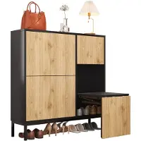 Merax Schoenenkast met Uittrekbare Zitbank 100x25x100 cm – Schoenenkast met 3 Kleppen en Open Vakken – Opbergruimte voor ca. 12-16 Paar – Zwart en Houtkleur