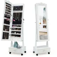 Costway Sieradenkast met spiegel, led-sieradenkast met lade, sieradenorganizer afsluitbaar, op wielen, ideaal voor opslag en make-up