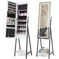Costway Sieradenkast met plank, spiegelkast afsluitbaar met full-body spiegel, 3 gekleurde ledlampen en 2 laden, vrijstaande sieradenorganizer voor slaapkamer, woonkamer