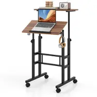Costway Sta-bureau, in hoogte verstelbaar, mobiele computertafel met wielen, kantelbaar tafelblad en 2 haken, bureau, state-zittafel, laptoptafel voor thuis, kantoor (walnoot)
