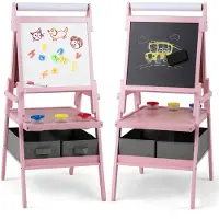 Costway 3-in-1 schoolbord voor kinderen, dubbelzijdig kinderbord met papierrol, magnetisch krijtbord en whiteboard, incl. 3 gekleurde bekers en 2 dozen, schildersezel voor kinderen vanaf 3 jaar (roze)
