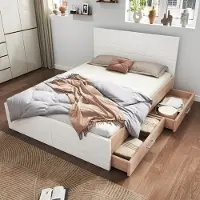 MODFU Bedframe 140x200 cm van massief hout en MDF – wit/licht eiken – met 2 lades en 19 cm opbergruimte – natuurlijk design