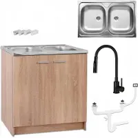 Stamar - Keukenkast 80cm met dubbele spoelbak + kraan - Keuken meubel - Eik Sonoma