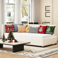 MODFU Slaapbank 90x200 cm – Fluweel beige – Omkeerbare rugleuning – Lattenbodem – Multifunctioneel