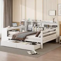 MODFU Bedframe 140x200 cm – Met bureau, 2 lades, stopcontact en USB – Wit – Van hout