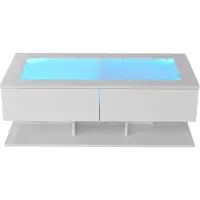 OKWISH Witte hoogglans salontafel 100x50x35 cm met lade, LED-verlichting en glazen tafelblad