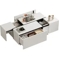 MODFU Salontafel 100x60x40 cm van spaanplaat, wit met zwarte accenten, hoogglans bovenblad, 4 lades