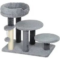 STILVORA Krabmeubel met trap, laag model van hout, pluche en sisal, met afneembaar bed en speelbal, grijs