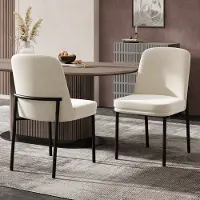 MODFU Eetkamerstoel set van 2, gestoffeerd met beige fluweel, zwarte metalen poten, dikke zitting, modern minimalistisch design
