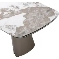 Vente-unique Uitschuifbare eettafel voor 6 tot 10 personen van keramiek, gehard glas en bronzen metaal - Wit en grijs marmereffect - FARUDI van Maison Céphy