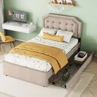 MODFU - Bedframe 90x200 cm – Donkerbeige linnen met verstelbaar hoofdbord & 2 lades