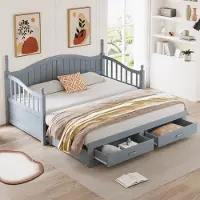 MODFU Bedframe 90x190 cm – grijs massief hout – uitschuifbaar naar 180x190 cm, met 2 lades