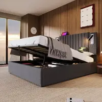 SINGULARITY -Gestoffeerd bed 140x200- tweepersoonsbed- leeslamp met USB-hoofdeinde- rugleuning met klinknageldesign- grijs- zonder matras