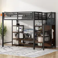 MODFU Hoogslaper 90x200 cm – Met TV-stand & stopcontact – Metaal & hout – Zwart