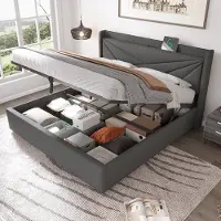 MODFU Bedframe 180x200 cm – katoen-linnen lichtgrijs – met USB/Type-C en hydraulische opbergruimte – geometrisch design