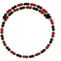 Cavill - Stalen Halsketting met Zwarte en Rode Onyx & Gouden Hematiet - 99,99 ct - Dubbele Rij Ronde Kralen - Elegante Edelsteenketting