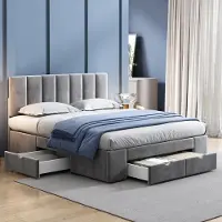SINGULARITY -Gestoffeerd bed 160 x 200 cm fluweel- met lattenbodem- rugleuning- 4 laden- grijs- zonder matras