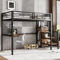 MODFU Hoogslaper 90x200 cm van metaal en MDF – met kledingkast en zijtrap – zwart/donker walnoot – stoer design