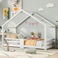 MODFU Kinderbed 90x200 cm van massief grenenhout – wit – huisbed met schoorsteen en valbeveiliging – speels design