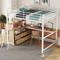 MODFU Hoogslaper 140x200 cm van metaal en MDF – met L-vormig bureau en lades – wit – ruimtebesparend design
