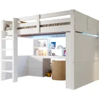 Merax Hoogslaper 140x200 cm - Met LED Verlichting - Met Kledingkast - Bureau - 3 Laden - Opbergvakken - Veiligheidshekken - Massief Hout - Wit - Zonder Matras