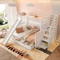 MODFU Stapelbed 90x200 & 140x200 cm – Met glijbaan, trap en lades – Antique white – Van grenenhout