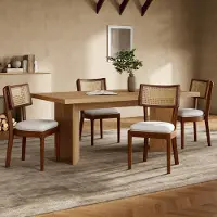 MODFU Eetkamerstoelen set van 4 - Massief hout met rattan rugleuning - Modern design - Eetkamer - Linnen kussen - Notenhout - 50×58×88 cm