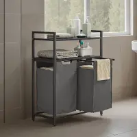 Songmics Wasmand – Metaal en stof – Zwart en grijs – Dubbele uittrekbare zakken met schappen